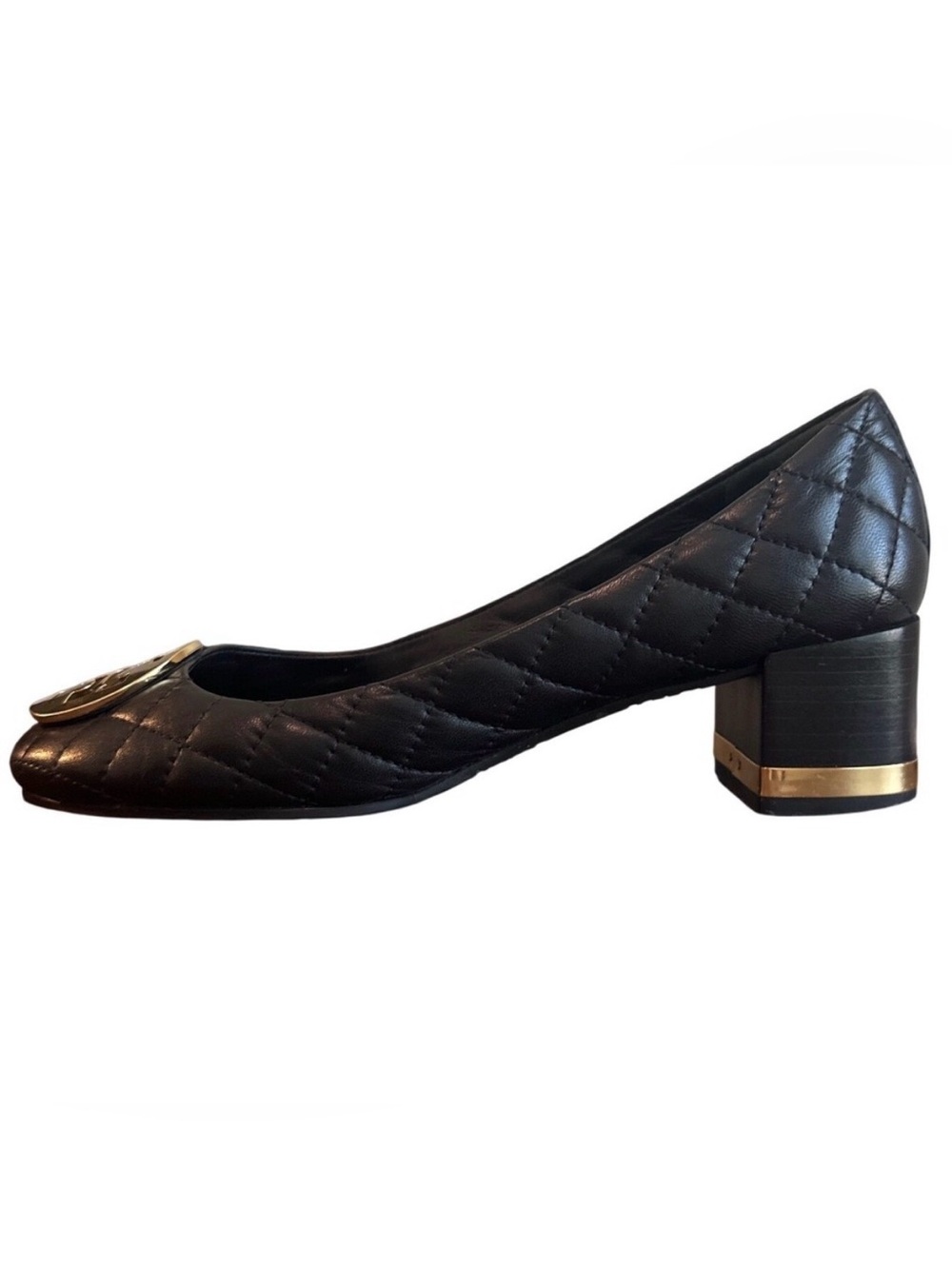 Tory Burch Claire Quilted Block Heel Pumps Black Gold Logo Leather Size 8